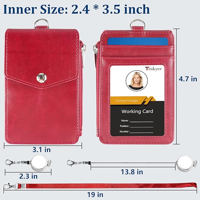 Teskyer Leather Badge Holder with Lanyard and Retractable Badge Reel, 4 Card Slots ID Card Holder with 1 Zipper Pocket for Office School Name Work IDs, Wine Red