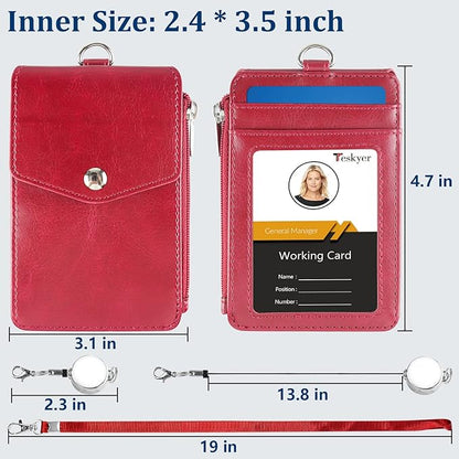 Teskyer Leather Badge Holder with Lanyard and Retractable Badge Reel, 4 Card Slots ID Card Holder with 1 Zipper Pocket for Office School Name Work IDs, Wine Red