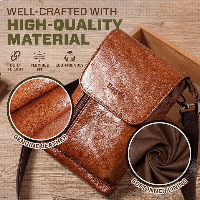 Hengwin Genuine Leather Small Crossbody Bag for Men Women, Cellphone Belt Pouch Bag, Travel Passport Wallet, Shoulder Holster