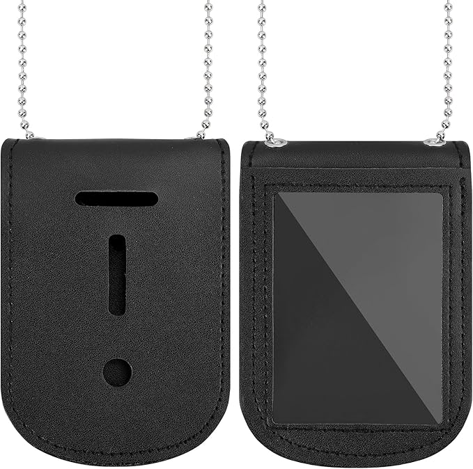 BESARME Police Badge Holder Belt Clip Cowhide Leather Badge Holders Universal Law Enforcement Security Badges Holder with Stainless Bead Chain（Rectangle）