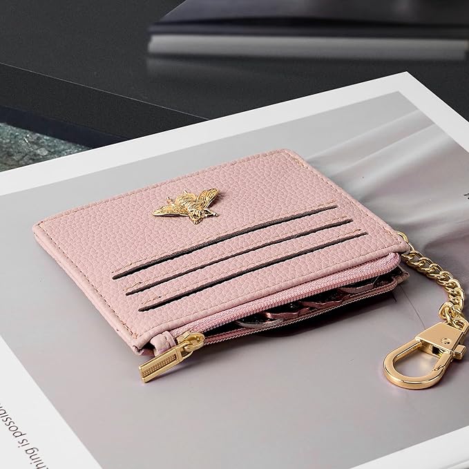 SEAVILIA Card Holder Keychain Wallet for Women with ID Window RFID Blocking Coin Purse Bee Gifts Slim Minimalist Small PU Leather