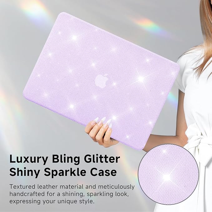 KEROM Bling Glitter Case for MacBook Pro 13 inch 2024-2016 M2 M1 A2338 A2289 A2251 A2159 A1989 A1706 A1708, Luxury Bedazzled Shiny Sparkle Glitter PU Leather Hard Shell Case & Keyboard Cover, Purple