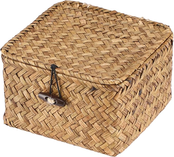 Hipiwe Wicker Shelf Baskets Bins with Lid Handwoven Seagrass Storage Basket Multipurpose Household Organizer for Shelves Home Decor, Caramel Color, X-small