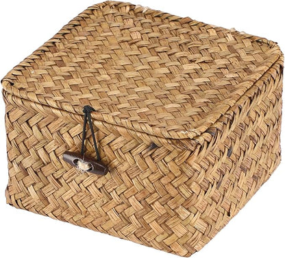 Hipiwe Wicker Shelf Baskets Bins with Lid Handwoven Seagrass Storage Basket Multipurpose Household Organizer for Shelves Home Decor, Caramel Color, X-small