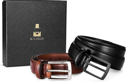 MILORDE Men's Leather Dress Belt 2Pack, Handmade, Genuine Leather, Fashion & Classic Designs for Work Business and Casual