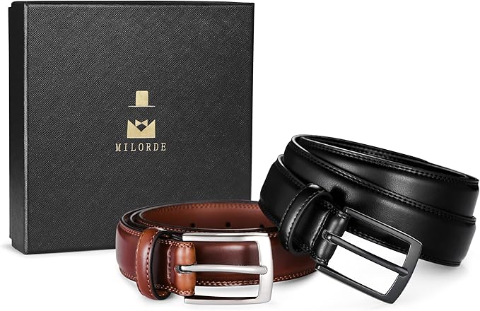 MILORDE Men's Leather Dress Belt 2Pack, Handmade, Genuine Leather, Fashion & Classic Designs for Work Business and Casual