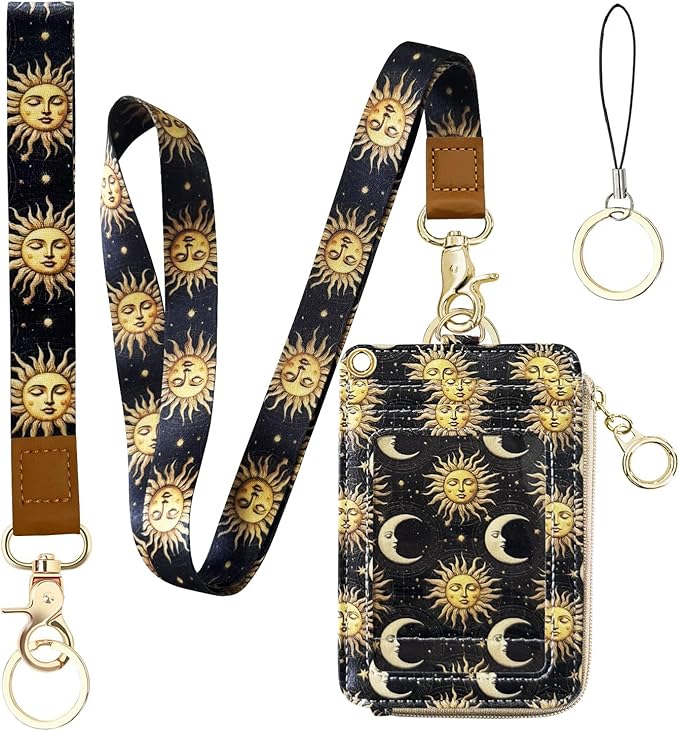 2-in-1 ID Badge Holder & Lanyard Wallet, Sun Moon Lanyard with Retractable Badge Reel 2-Sided Leather Zipper Coin Pouch, Multiple Card Slots Quick Rlease Detachable Neck Lanyards Strap for Keys Cards