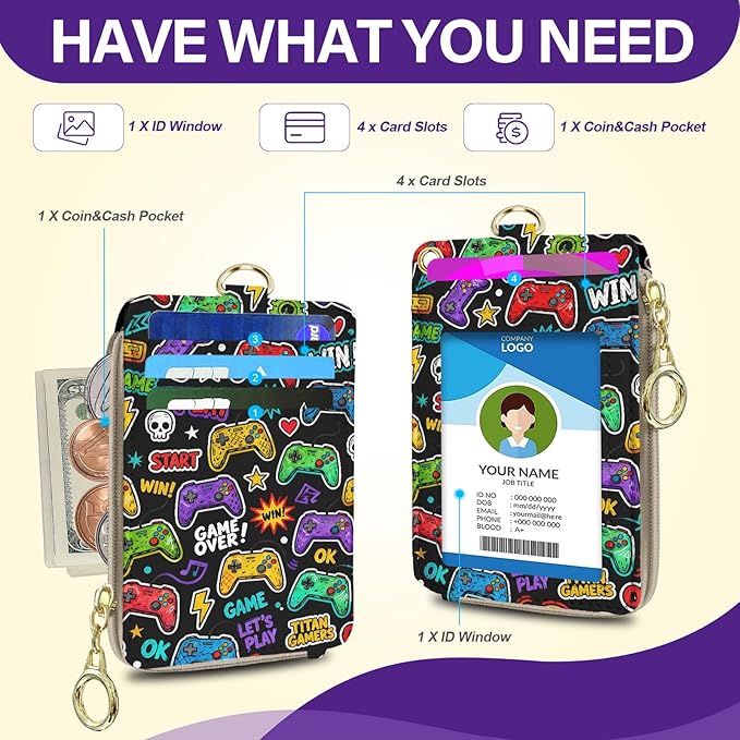 Lanyard Wallet with Id Badge Holder, Game RFID Small Keychain Wallet Women Wristlet, Pu Leather Zipper Credit Card Holder Phone Wrist Neck Strap for Key Name Tag, Teacher Office Gift