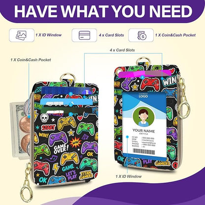 Lanyard Wallet with Id Badge Holder, Game RFID Small Keychain Wallet Women Wristlet, Pu Leather Zipper Credit Card Holder Phone Wrist Neck Strap for Key Name Tag, Teacher Office Gift