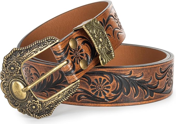 Mealah Vintage Western-Cowboy-Belt for Women Men - Carved Buckle PU Leather Waist Belts (for Waist 28"-38")