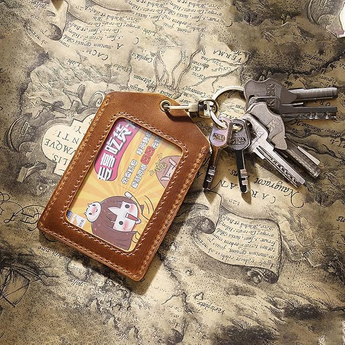 Badge Holder Vertical Handmade Leather ID Card Badge Holder Keychain with Heavy Duty Carabiner Clip for Men Women (Brown)