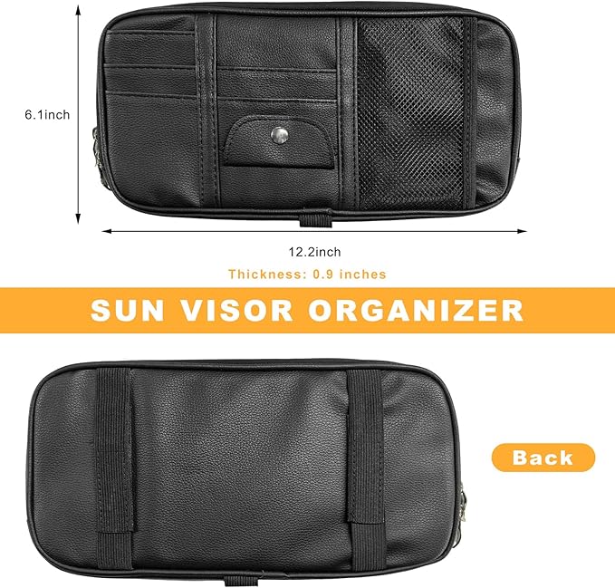 Car Sun Visor Organizer, Multi-Pocket Leather Auto Storage Pouch with Glasses Clip & Zippers, Multifunctional Sun Visor Storage Bag Ticket Organizer for Cars Trucks SUVs (Black)