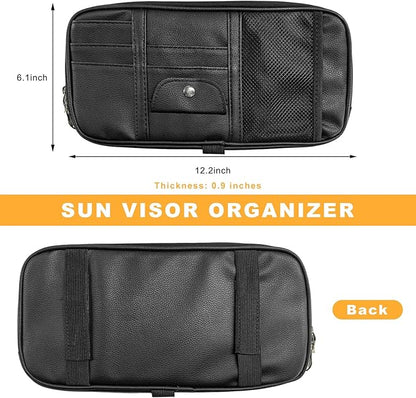 Car Sun Visor Organizer, Multi-Pocket Leather Auto Storage Pouch with Glasses Clip & Zippers, Multifunctional Sun Visor Storage Bag Ticket Organizer for Cars Trucks SUVs (Black)