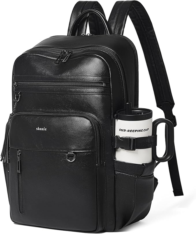 Shrrie Vegan Leather Laptop Backpack for Women,17 Inch Computer Backpack Purse for Work Business College Travel Teacher Nurse with Anti-theft Pocket & Giant Tumbler Holder Pocket,Black