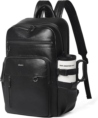 Shrrie Vegan Leather Laptop Backpack for Women,17 Inch Computer Backpack Purse for Work Business College Travel Teacher Nurse with Anti-theft Pocket & Giant Tumbler Holder Pocket,Black