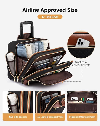 LOVEVOOK Rolling Laptop Bag Women, 17.3 Inch Laptop Briefcase with Wheels for Work Travel Business, Underseat Carry On Luggage Case,Black