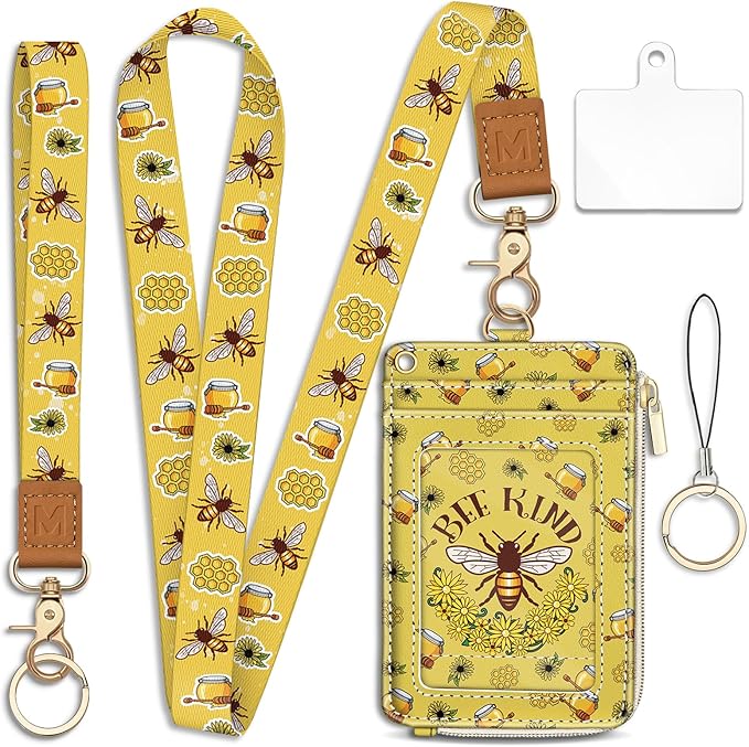 Piefly Bee Kind Lanyard Wallet with ID Badge Holder, Small RFID Wallet Women Keychain Wristlet, Slim Credit Card Holder Case with Zipper Pocket Phone Lanyard Wrist Strap Name Tag Office Teacher Gift