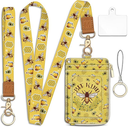 Piefly Bee Kind Lanyard Wallet with ID Badge Holder, Small RFID Wallet Women Keychain Wristlet, Slim Credit Card Holder Case with Zipper Pocket Phone Lanyard Wrist Strap Name Tag Office Teacher Gift