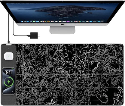 TopMade Mouse Pad with 15W Fast Wireless Charging, 31.5"x15.75" XXL Large Gaming Waterproof Desk Pad, Computer Desk Mat, Black Topographic Map #3 (Includes 20W PD Power Adapter & 6.56ft Woven Cable)