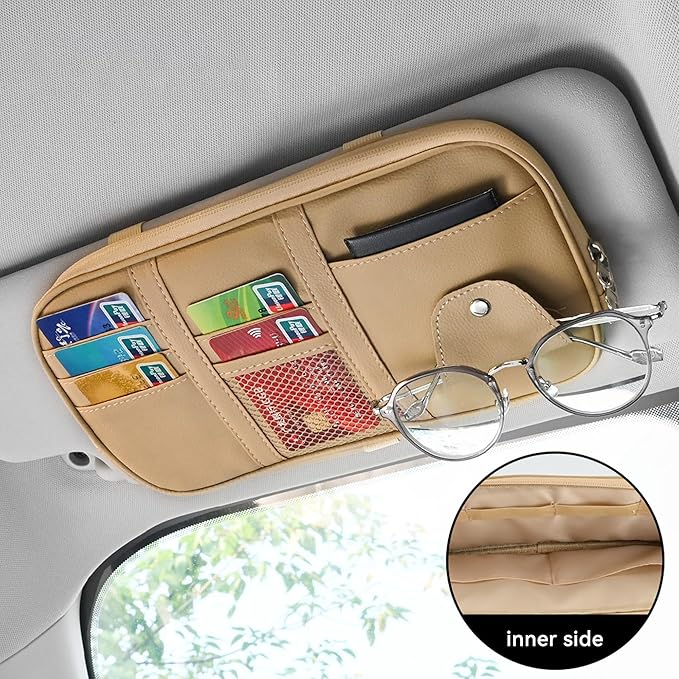 Car Sun Visor Organizer, Sunglass Holder and Storage Pocket, Card Cash Pouch with Multi-Pocket Net Zipper, Case Bag for License Pen Key, Auto Accessories for Truck, SUV, Van (Beige)