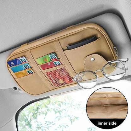 Car Sun Visor Organizer, Sunglass Holder and Storage Pocket, Card Cash Pouch with Multi-Pocket Net Zipper, Case Bag for License Pen Key, Auto Accessories for Truck, SUV, Van (Beige)