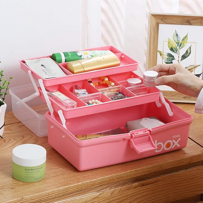 Kinsorcai 2PCS 12'' Three-Layer Clear Plastic Storage Box/Tool Box, Multipurpose Organizer and Portable Handled Storage Case for Art Craft and Cosmetic (Pink)