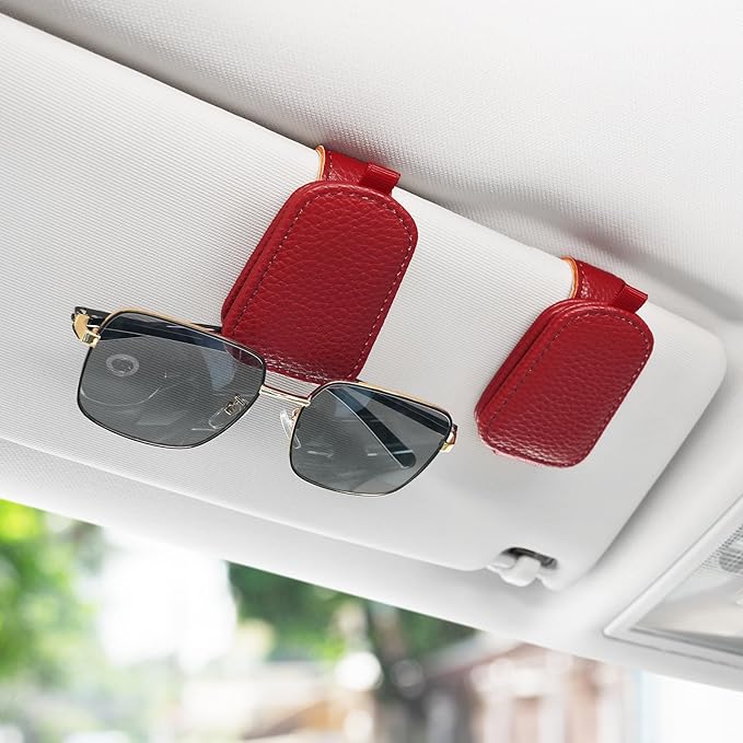SINGARO Sunglasses Holder for Car, Leather Magnetic Buckle Sun Visor Sunglass Clip, Ticket Card Storage Glasses Clip, Car Interior Accessories for Men and Women（Red）