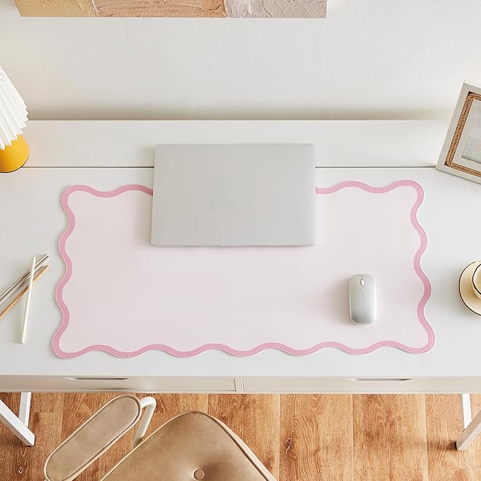 Ralxion Pink Scalloped Desk Mat, 31.5" x 15.7", PU Leather, Waterproof Anti-Slip, Cute Aesthetic Desk Pad for Office/Home/Game/Vanity Large