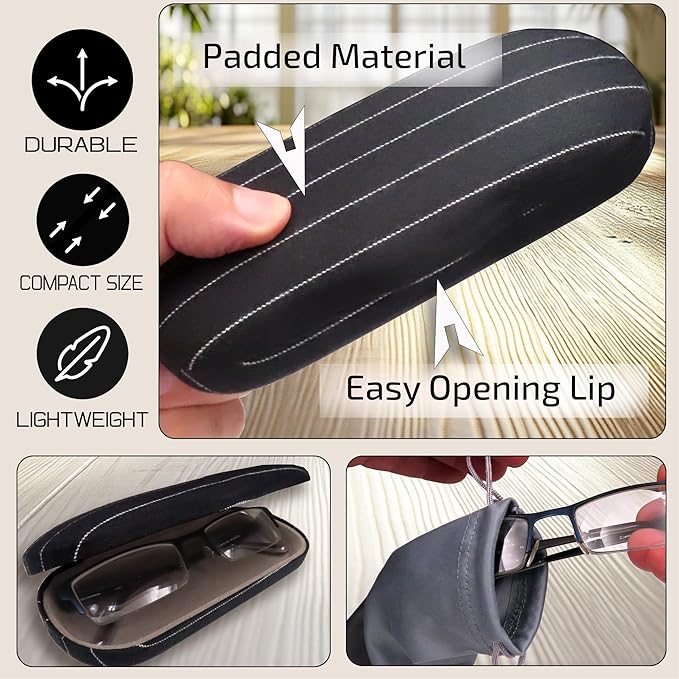 MyEyeglassCase Men's Medium Glasses Case - Classic Eyeglasses Hard Shell Holder, Elegant Easy Open Lip with Pouch and Cloth