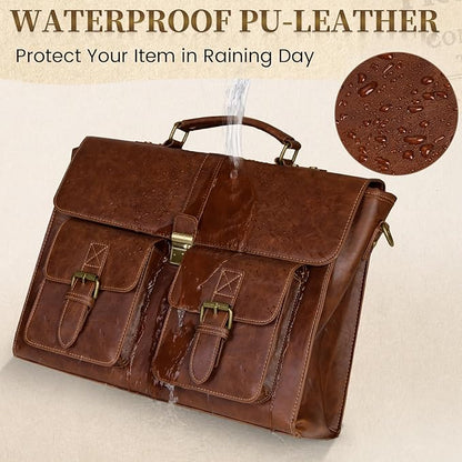 RAINSMORE Mens Messenger Bag 18 Inch Leather Vintage Laptop Briefcase Waterproof Computer Laptop Bag Leather Satchel Bag Large Shoulder Bag for Office Work Travel College, Brown