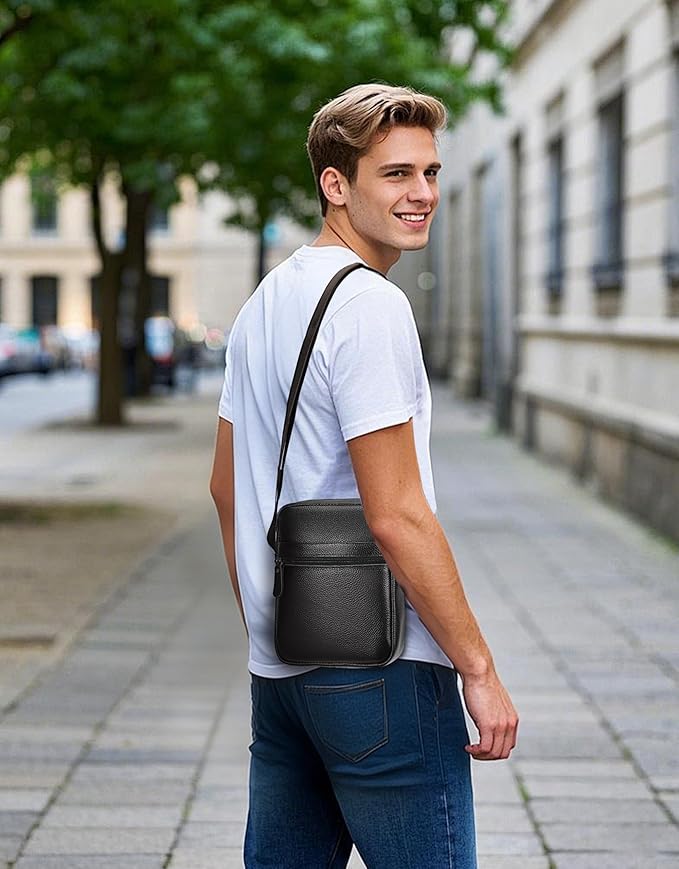 Leathario Men's Crossbody Shoulder Bag, Genuine Leather Small Messenger Satchel for Work Business Travel, Black Side Purse