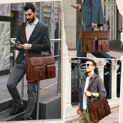 RAINSMORE Mens Messenger Bag 18 Inch Leather Vintage Laptop Briefcase Waterproof Computer Laptop Bag Leather Satchel Bag Large Shoulder Bag for Office Work Travel College, Brown