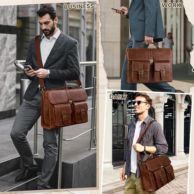 RAINSMORE Mens Messenger Bag 15.6 Inch Leather Vintage Laptop Briefcase Waterproof Computer Laptop Bag Leather Satchel Bag Large Shoulder Bag for Office Work Travel College, Brown