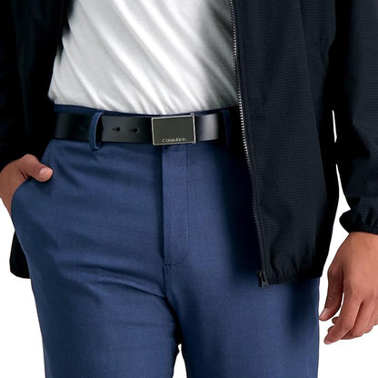 Calvin Klein Men's Plaque Buckle Belt - Casual Modern Style With Logo Detail for Jeans and Dress Pants
