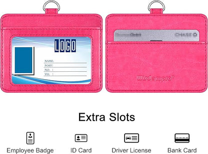 Wisdompro 2-Sided PU Leather ID Badge Holder with 1 ID Window and 1 Card Slot and 1 piece 23 Inch Adjustable Polyester Detachable Neck Lanyard Strap (Holds 3 to 4 Cards) - Hot Pink (Horizontal)