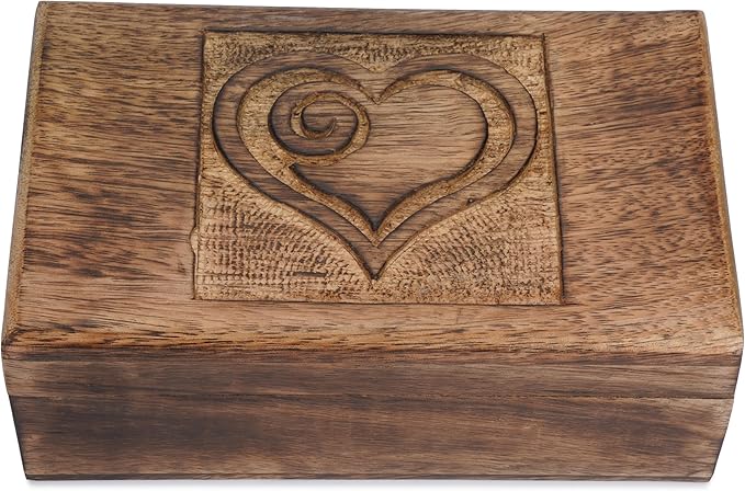 Ajuny Wooden Decorative Jewelry Box with Heart Design Carving - Multipurpose Treasure Chest Storage Keepsake Box Necklaces Watch Organizer Boxes Birthday Gifts for Women & Men 8x5 Inch