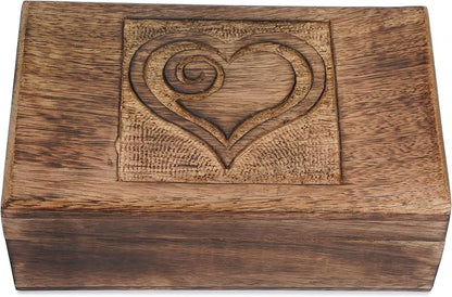 Ajuny Wooden Decorative Jewelry Box with Heart Design Carving - Multipurpose Treasure Chest Storage Keepsake Box Necklaces Watch Organizer Boxes Birthday Gifts for Women & Men 8x5 Inch