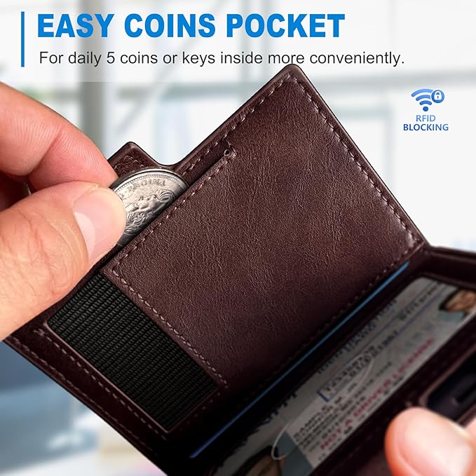 miyozi Wallet for Men, Magnetic Minimalist Slim Wallet with Pop Up Card Holder, 9 Cards RFID Blocking Metal Credit Card Case, Leather Wrapped Money Clip, ID Window & Small Item Slot, Gift Boxed