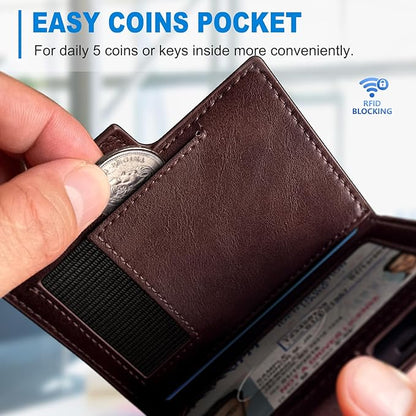 miyozi Wallet for Men, Magnetic Minimalist Slim Wallet with Pop Up Card Holder, 9 Cards RFID Blocking Metal Credit Card Case, Leather Wrapped Money Clip, ID Window & Small Item Slot, Gift Boxed