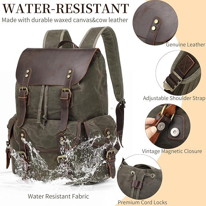 Wogarl Vintage Leather Canvas Backpack, Waxed Canvas Shoulder Rucksack with Toiletry Shoulder Rucksack for Traveling, Camping, Hiking,Business College Fits 17inch Laptop,Green
