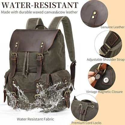 Wogarl Vintage Leather Canvas Backpack, Waxed Canvas Shoulder Rucksack with Toiletry Shoulder Rucksack for Traveling, Camping, Hiking,Business College Fits 17inch Laptop,Green