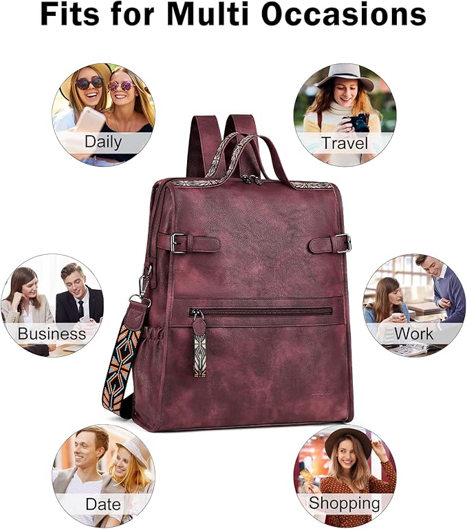 FADEON Leather Laptop Backpack for Women, Designer Ladies Work Travel Computer Backpack with Laptop Compartment Purse Red