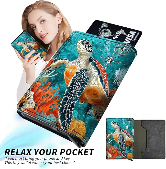 Minimalist Wallet for Men's Card Holders, Pop-Up Card Case Durable Wallets for Women, Leather Automatic Credit Card Holder with Metal Money Clip RFID Blocking Bifold Pocket, Blue Sea Turtle