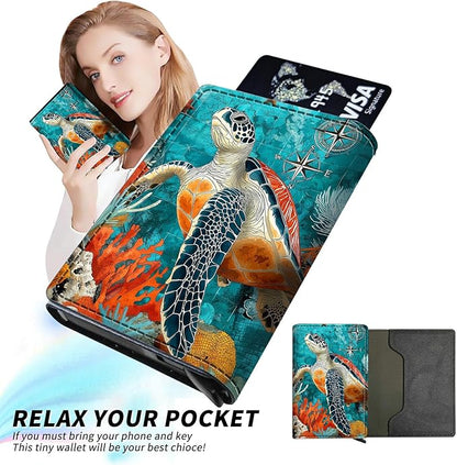 Minimalist Wallet for Men's Card Holders, Pop-Up Card Case Durable Wallets for Women, Leather Automatic Credit Card Holder with Metal Money Clip RFID Blocking Bifold Pocket, Blue Sea Turtle
