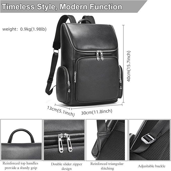 Genuine Leather Black Backpack - 15.6 Inch Business Laptop Backpack for Men & Women, Multi-Compartment Ergonomic Shoulder Bag for Office, Travel