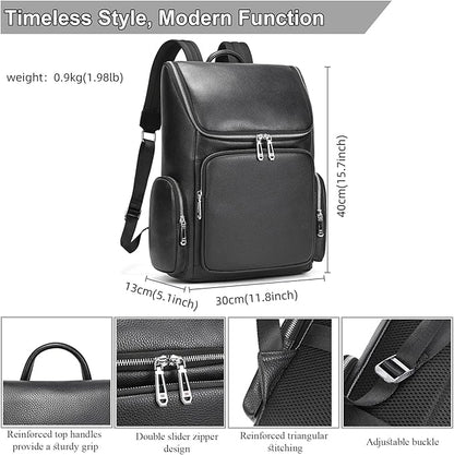 Genuine Leather Black Backpack - 15.6 Inch Business Laptop Backpack for Men & Women, Multi-Compartment Ergonomic Shoulder Bag for Office, Travel