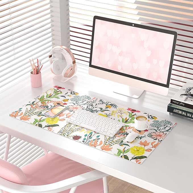 QiyI Floral Large Mouse Pad, Colorful Desk Mat for Desktop, Women Girls Desk Accessories Office Décor, PU Leather Waterproof Big Gaming Mousepad, Blooming Flowers Desk Pad Computer Mat, 31.5" x 15.7"