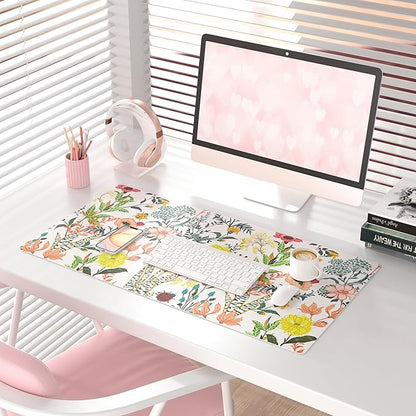 QiyI Floral Large Mouse Pad, Colorful Desk Mat for Desktop, Women Girls Desk Accessories Office Décor, PU Leather Waterproof Big Gaming Mousepad, Blooming Flowers Desk Pad Computer Mat, 31.5" x 15.7"