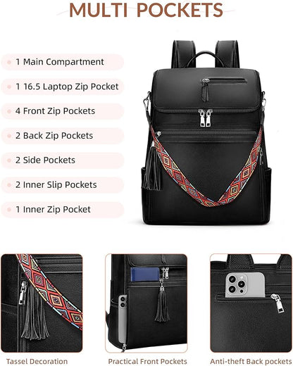 SYTRAH Leather Laptop Backpack for Women Designer Laptop Bag, 16.5 inch Travel Computer Backpacks Purse with Tassel for Work Business with Satchel Purse Black