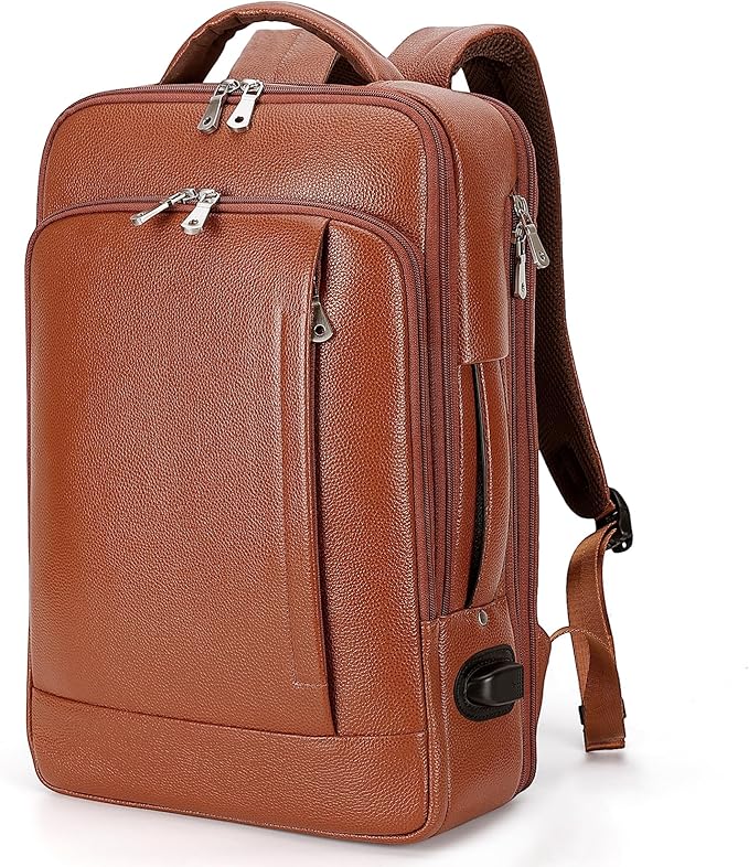 TIDING Expandable Leather 15.6" Laptop Backpack for Men Women, TSA Friendly Business Travel Rucksack Slim Work Casual Daypack